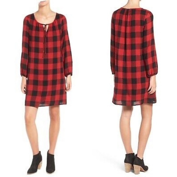 Madewell Buffalo Plaid Red & Black Wool Blend Tie Tunic Dress - Picture 1 of 7
